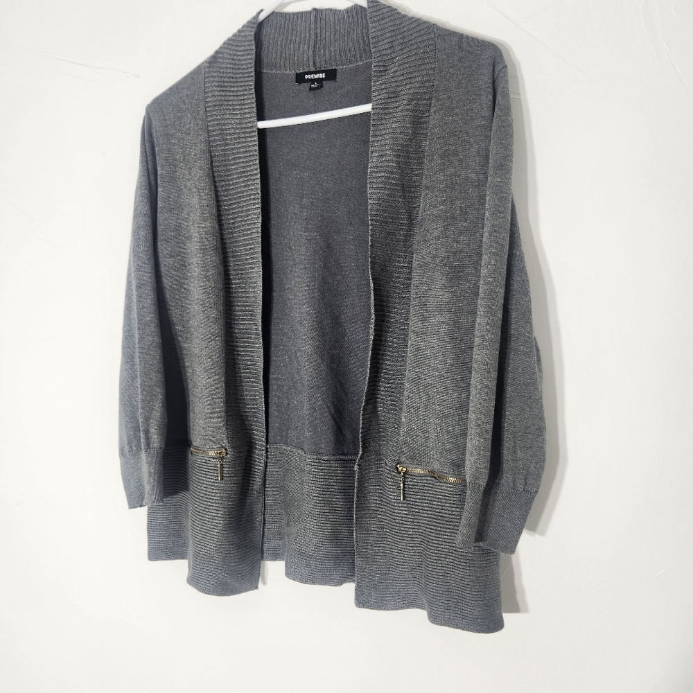 Premise Grey 3/4 Sleeve Knit Cardigan Sweater with Gold Zipper Pockets Size LG